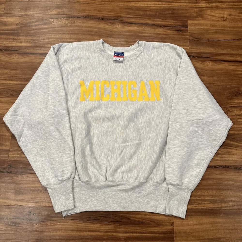 Michigan Wolverines Sweatshirt Crewneck Mens Medium Gray NCAA Football Champion